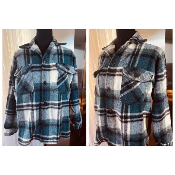Vintage 60s Canadian Lumber Jack Wool Plaid Shirt, blue teal black & white, (S) - Picture 2 of 10